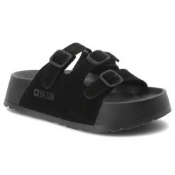 Klapki damskie Big Star, cholewka z materiału tekstylnego z dwoma regulowanymi paskami i sprzączkami, czarne, TT274531. Czarne klapki damskie Big Star, bez wzorów, retro, bez obcasa. Za 197.90 zł.