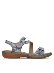 Rieker Sandały 659C7-90 Szary. Szare sandały damskie Rieker, bez wzorów, ze skóry, bez obcasa, na płaskiej podeszwie, bez zapięcia. Za 249.99 zł.