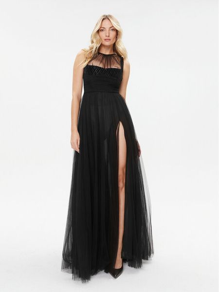 Elisabetta Franchi Sukienka wieczorowa AB-400-36E2-V890 Czarny Regular Fit. Czarne sukienki damskie Elisabetta Franchi, bez wzorów, z syntetyku, wizytowe, bez kołnierzyka, bez ramiączek. Za 2,869.00 zł.