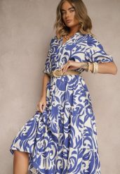 Niebieska Rozkloszowana Sukienka z Wiskozy Ozdobiona Falbaną Filesenia. Niebieskie sukienki damskie Renee, na spotkanie biznesowe, l, bez wzorów, z wiskozy, eleganckie, bez kołnierzyka, bez ramiączek, midi, rozkloszowane. Za 59.99 zł.