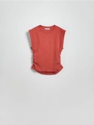 T-shirt z ozdobnym marszczeniem - miedziany. Brązowe t-shirty damskie Reserved, l, bez wzorów, z bawełny, bez kołnierzyka. W wyprzedaży za 39.99 zł.