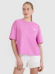 4F T-shirt regular z nadrukiem damski - różowy S. Czerwone koszulki sportowe damskie 4f, s, bez wzorów, z bawełny, bez kołnierzyka, bez ramiączek. W wyprzedaży za 39.99 zł.