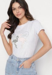 Jasnoszary T-shirt z Bawełny z Cyrkoniami i Nadrukiem Listebia. Szare bluzki damskie Born2be, m, bez wzorów, z bawełny, klasyczne, bez kołnierzyka. Za 34.99 zł.