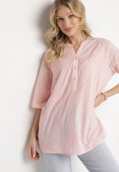 Jasnoróżowa Haftowana Koszula z Bawełny z Podwijanymi Rękawami Aradwena. Czerwone bluzki damskie Born2be, l, bez wzorów, z bawełny, eleganckie, bez kołnierzyka, bez ramiączek. Za 64.99 zł.