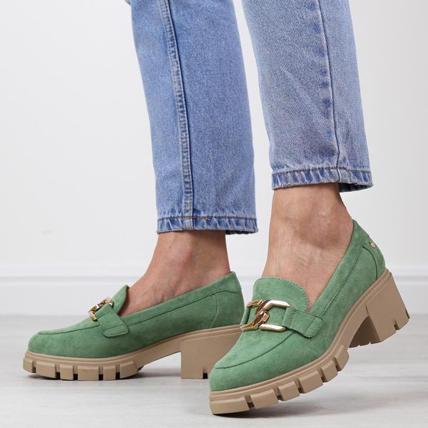 Zielone półbuty damskie na traperze, mokasyny Potocki 12328. Zielone mokasyny damskie POTOCKI, z zamszu. Za 179.00 zł.