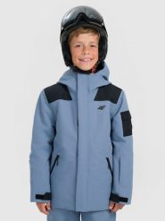 4F Kurtka snowboardowa membrana 8000 chłopięca - granatowa 152 (11-12 lat). Niebieskie kurtki i płaszcze dla chłopców 4f, na zimę, bez wzorów, bez kaptura. Za 399.99 zł.