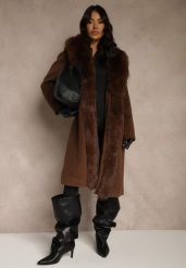 Brązowy Płaszcz z Odpinanym Futerkiem Lillvana. Brązowe płaszcze damskie Renee, l, bez wzorów, z jeansu, eleganckie, bez kaptura. Za 349.99 zł.