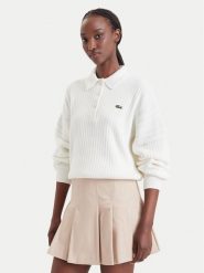 Lacoste Sweter AF8272 Kremowy Regular Fit. Białe swetry damskie Lacoste, bez wzorów, z bawełny, bez kołnierzyka, bez ramiączek, bez kaptura. Za 949.99 zł.