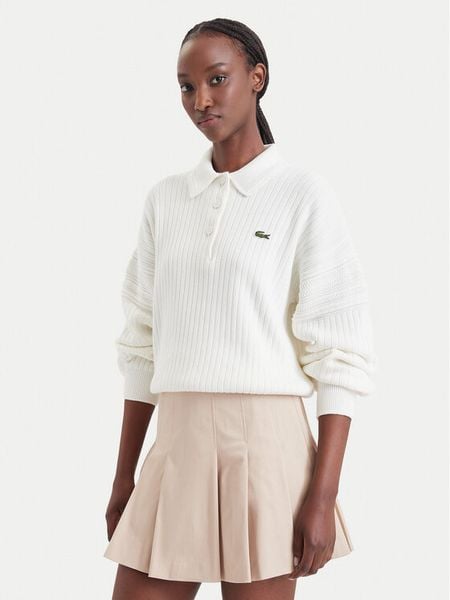 Lacoste Sweter AF8272 Kremowy Regular Fit. Białe swetry damskie Lacoste, bez wzorów, z bawełny, bez kołnierzyka, bez ramiączek, bez kaptura. Za 949.99 zł.