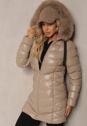 Beżowa Kurtka Pikowana o Długim Kroju Ozdobiona Sznurkami i Odpinanym Futerkiem Lorrina. Brązowe kurtki damskie Renee, l, bez wzorów, z dzianiny, bez kaptura. Za 159.99 zł.