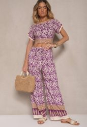 Fioletowy Komplet z Bawełny w Print Boho Szerokie Spodnie i Koszulka Telanitha. Fioletowe spodnie materiałowe damskie Renee, l, bez wzorów, z bawełny. Za 49.99 zł.