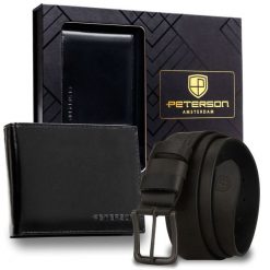 Zestaw prezentowy: skórzany portfel męski w czarnym kolorze bez zapięcia i czarny pasek ze skóry naturalnej - Peterson. Czarne paski damskie Peterson, bez wzorów, ze skóry, klasyczne. Za 129.99 zł.