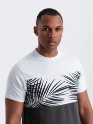 T-shirt meski dwukolorowy z nadrukiem w liście palmy - grafitowy V2 OM-TSPT-0177 - XXL. Szare t-shirty męskie Ombre Clothing, na lato, l, bez wzorów, z dzianiny, wakacyjne, bez kołnierzyka. W wyprzedaży za 29.99 zł.
