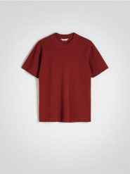 Bawełniany t-shirt regular - bordowy. Czerwone t-shirty męskie Reserved, l, bez wzorów, z bawełny, bez kołnierzyka. W wyprzedaży za 49.99 zł.
