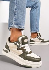 Zieloneo-Białe Sneakersy Ozdobione Wstawkami i Perforacją z Imitacji Skóry Cressia. Brązowe obuwie sportowe damskie Renee, z aplikacjami, z jeansu, na fitness i siłownię. Za 99.99 zł.