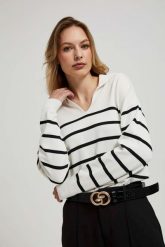 Sweter w paski z kołnierzykiem perłowo-czarny. Białe swetry damskie MOODO, s, bez wzorów, z poliamidu, bez kołnierzyka, bez ramiączek, bez kaptura. W wyprzedaży za 64.99 zł.