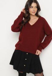 Bordowy Sweter z Bawełną Oversize Yorate. Czerwone swetry damskie Born2be, uniwersalny, bez wzorów, z bawełny, eleganckie, bez kołnierzyka, bez ramiączek, długie, bez kaptura. Za 109.99 zł.