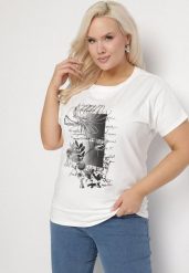 Biały Bawełniany T-shirt z Metalicznym Nadrukiem Farilna. Białe bluzki damskie Born2be, uniwersalny, bez wzorów, z bawełny, bez kołnierzyka. Za 39.99 zł.