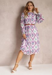 Fioletowa Sukienka Ozdobiona Wzorem i Plisowaniem z Paskiem w Komplecie Bertina. Fioletowe sukienki damskie Renee, l, bez wzorów, eleganckie, bez kołnierzyka, bez ramiączek, midi. Za 119.99 zł.