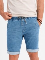 Jeansowe szorty męskie z podwinięta nogawką - jasnoniebieskie V1 OM-SRDS-0161 - XXL. Niebieskie szorty męskie Ombre Clothing, na lato, l, bez wzorów, z bawełny, eleganckie. W wyprzedaży za 89.99 zł.