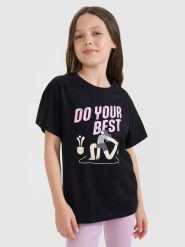 4F T-shirt regular z nadrukiem dziewczęcy - czarny 140 (9-10 lat). Czarne t-shirty i topy dla dziewczynek 4f, bez wzorów, z bawełny, bez ramiączek. W wyprzedaży za 19.99 zł.