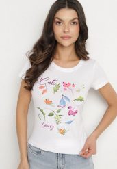 Różowy Bawełniany T-shirt z Ozdobnym Nadrukiem Zaromira. Białe bluzki damskie Born2be, l, bez wzorów, z bawełny, eleganckie, bez kołnierzyka, bez ramiączek. Za 29.99 zł.