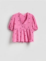 Muślinowa bluzka - różowy. Czerwone bluzki damskie Reserved, l, bez wzorów, z bawełny, bez kołnierzyka, bez ramiączek. Za 159.99 zł.