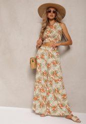 Pomarańczowo-Zielony Komplet Boho z Bawełny Krótki Top na Ramiączkach z Gumką Szerokie Spodnie Rasida. Brązowe spodnie materiałowe damskie Renee, m, bez wzorów, z bawełny. Za 74.99 zł.