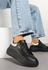 Czarno-Złote Sneakersy na Niskim Koturnie Zdobione Metalicznymi Wstawkami Alirisa. Czarne obuwie sportowe damskie Renee, z aplikacjami, z jeansu. Za 74.99 zł.
