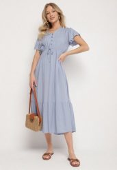 Niebieska Bawełniana Sukienka o Rozkloszowanym Kroju z Wiązaniem w Talii Folarina. Niebieskie sukienki damskie Born2be, na co dzień, l, bez wzorów, z bawełny, eleganckie, bez kołnierzyka, bez ramiączek, midi, rozkloszowane. Za 49.99 zł.