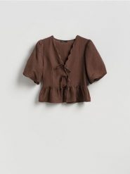 Bluzka z lnem - brązowy. Brązowe bluzki damskie Reserved, l, bez wzorów, z wiskozy, bez kołnierzyka, bez ramiączek. Za 129.99 zł.