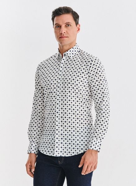 Biała koszula w niebieski wzór geometryczny. Białe koszule męskie Pako Lorente, m, bez wzorów, z bawełny, bez kołnierzyka, bez ramiączek. Za 119.99 zł.