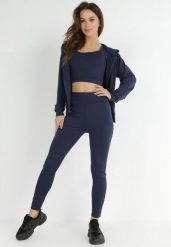 Granatowy Komplet Sportowy 3-częściowy Bluza Legginsy i Top Fika. Niebieskie bluzy damskie Born2be, l, bez wzorów, z dresówki, z kapturem, trekkingowe. Za 79.99 zł.