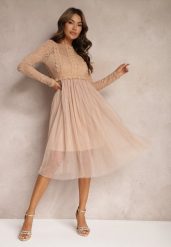 Ciemnobeżowa Elegancka Tiulowa Sukienka o Rozkloszowanym Kroju z Koronką Samelba. Brązowe sukienki damskie Renee, na imprezę, s, bez wzorów, z koronki, eleganckie, bez kołnierzyka, bez ramiączek, midi, rozkloszowane. Za 109.99 zł.