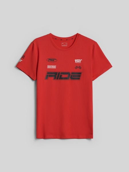 4F T-shirt slim z nadrukiem męski - czerwony M. Czerwone t-shirty męskie 4f, m, bez wzorów, z bawełny, klasyczne, bez kołnierzyka. Za 79.99 zł.