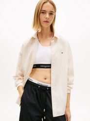Tommy Jeans bluzka koszulowa z zawartością lnu Kobiety Bawełna beżowy, M. Brązowe bluzki damskie Tommy Jeans, m, bez wzorów, z bawełny, eleganckie, bez kołnierzyka, bez ramiączek. Za 279.95 zł.