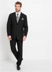 Garnitur ślubny z kamizelką i plastronem (5 części), Regular Fit. Czarne garnitury męskie bonprix, bez wzorów, eleganckie. Za 569.99 zł.