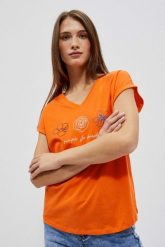 T-shirt z dekoltem w serek i nadrukiem pomarańczowy. Brązowe bluzki damskie MOODO, xs, bez wzorów, z bawełny, bez kołnierzyka. W wyprzedaży za 15.99 zł.