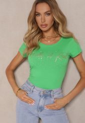 Zielony T-shirt z Bawełny Ozdobiony Napisem i Cyrkoniami Zreadia. Zielone bluzki damskie Renee, l, bez wzorów, z bawełny, klasyczne, bez kołnierzyka. Za 34.99 zł.