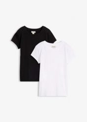 T-shirt z czystej bawełny organicznej (2 szt.). Czarne t-shirty damskie bonprix, bez wzorów, z bawełny, bez kołnierzyka. Za 67.99 zł.