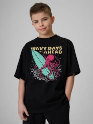 4F T-shirt loose z nadrukiem chłopięcy - czarny 122/128 (6-8 lat). Czarne t-shirty dla chłopców 4f, bez wzorów, z bawełny, bez ramiączek. Za 49.99 zł.