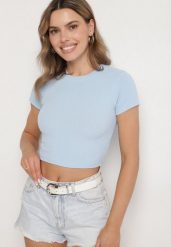 Jasnoniebieski T-shirt z Prążkowanego Materiału o Krótkim Kroju Telunna. Niebieskie bluzki damskie Born2be, l, bez wzorów, z jeansu, klasyczne, bez kołnierzyka, bez ramiączek. Za 29.99 zł.