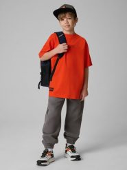 4F Spodnie dresowe ze strukturalnej dzianiny chłopięce - szare 140 (9-10 lat). Szare spodnie sportowe dla chłopców 4f, bez wzorów, z dresówki, sportowe. Za 119.99 zł.