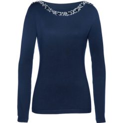 Sweter Premium z aplikacją z perełek bonprix ciemnoniebieski. Niebieskie swetry damskie bonprix, z aplikacjami, eleganckie, bez kołnierzyka, bez ramiączek, bez kaptura. Za 149.99 zł.