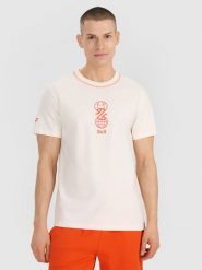 4F T-shirt regular z nadrukiem męski - biały L. Białe koszulki sportowe męskie 4f, l, bez wzorów, z bawełny, bez kołnierzyka, bez ramiączek, do koszykówki. W wyprzedaży za 49.99 zł.