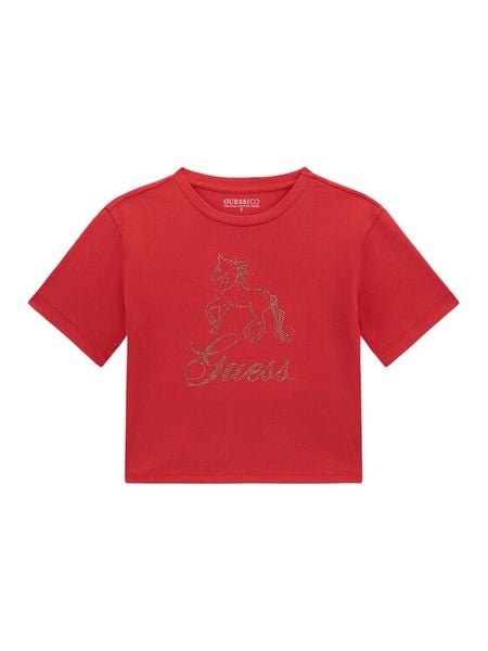 Guess T-Shirt J6RI38 K6YW4 Czerwony Regular Fit. Czerwone t-shirty i topy dla dziewczynek Guess, z aplikacjami, z bawełny, bez ramiączek. Za 99.99 zł.