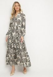 Beżowo-Szara Sukienka z Wiskozą o Rozkloszowanym Kroju z Motywem Roślinnym Edionilira. Brązowe sukienki damskie Born2be, na spacer, l, bez wzorów, z wiskozy, eleganckie, bez kołnierzyka, bez ramiączek, maxi, rozkloszowane. Za 129.99 zł.
