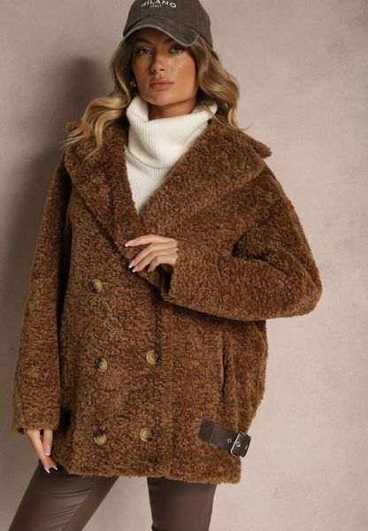 Brązowa Futrzana Kurtka Typu Baranek z Ozdobnymi Paskami i Dwurzędowym Zapięciem Nikira. Brązowe kurtki damskie Renee, xl, bez wzorów, z futra, bez kaptura. Za 319.99 zł.
