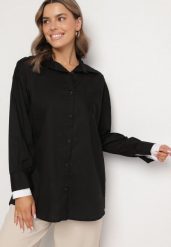 Czarna Klasyczna Koszula z Bawełny o Kroju Oversize Ronavelle. Czarne bluzki damskie Born2be, uniwersalny, bez wzorów, z bawełny, biznesowe, bez kołnierzyka, bez ramiączek. Za 99.99 zł.