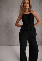 Czarny Letni Komplet z Bawełny Spodnie Wide Leg i Bluzka Halter z Wiązaniem Apomeda. Czarne bluzki damskie Renee, bez wzorów, z bawełny, casualowe, bez kołnierzyka, bez ramiączek. Za 169.99 zł.